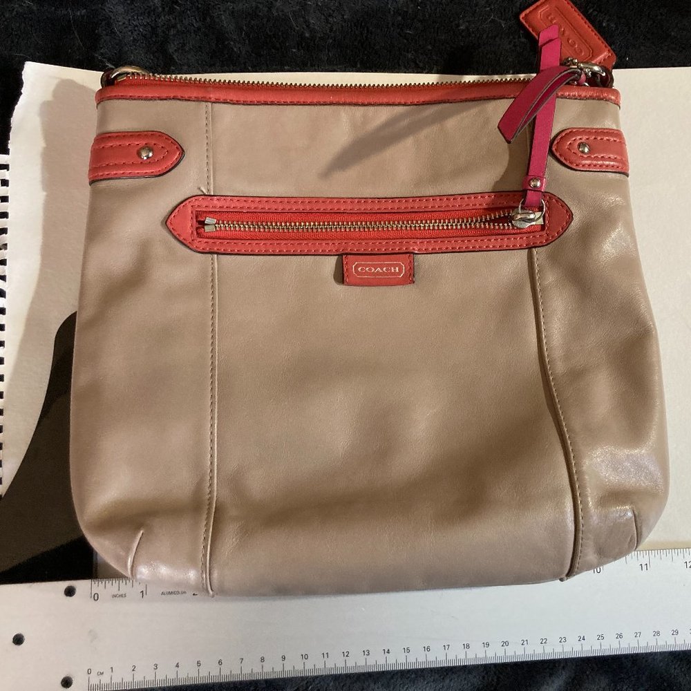 Authentic tan leather/red trim Coach shoulder bag w/canvas strap